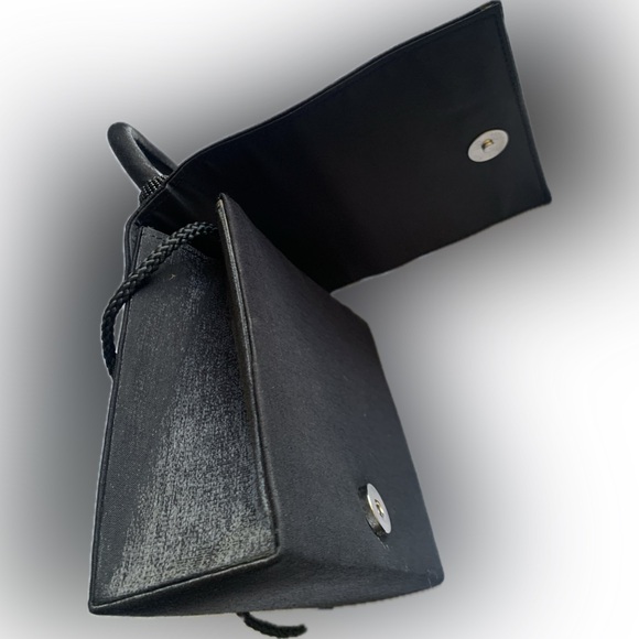 Little black satin evening designer style purse with long & top handle - Picture 6 of 8